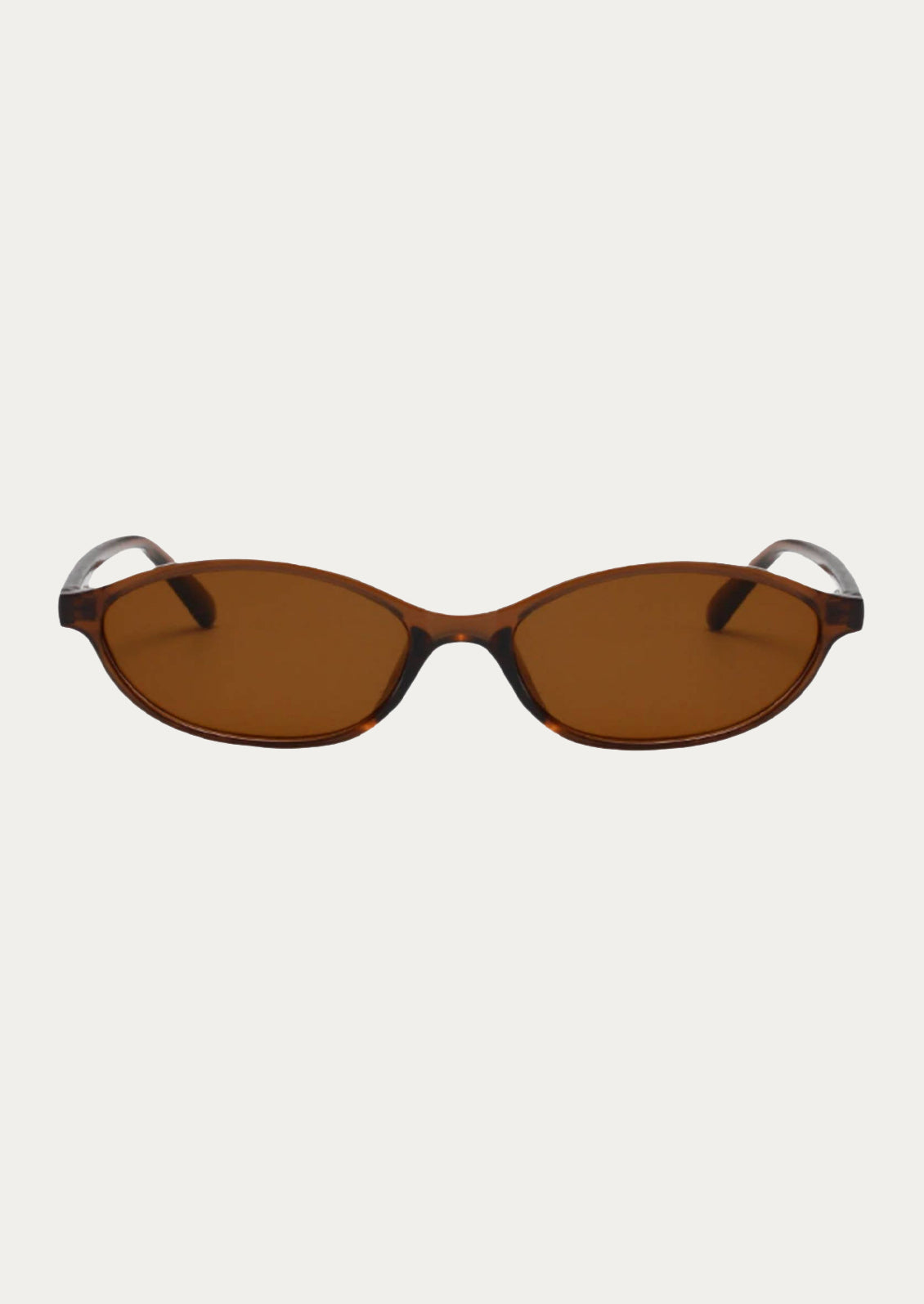 A pair of oval sunglasses with dark brown frames and brown tinted lenses.