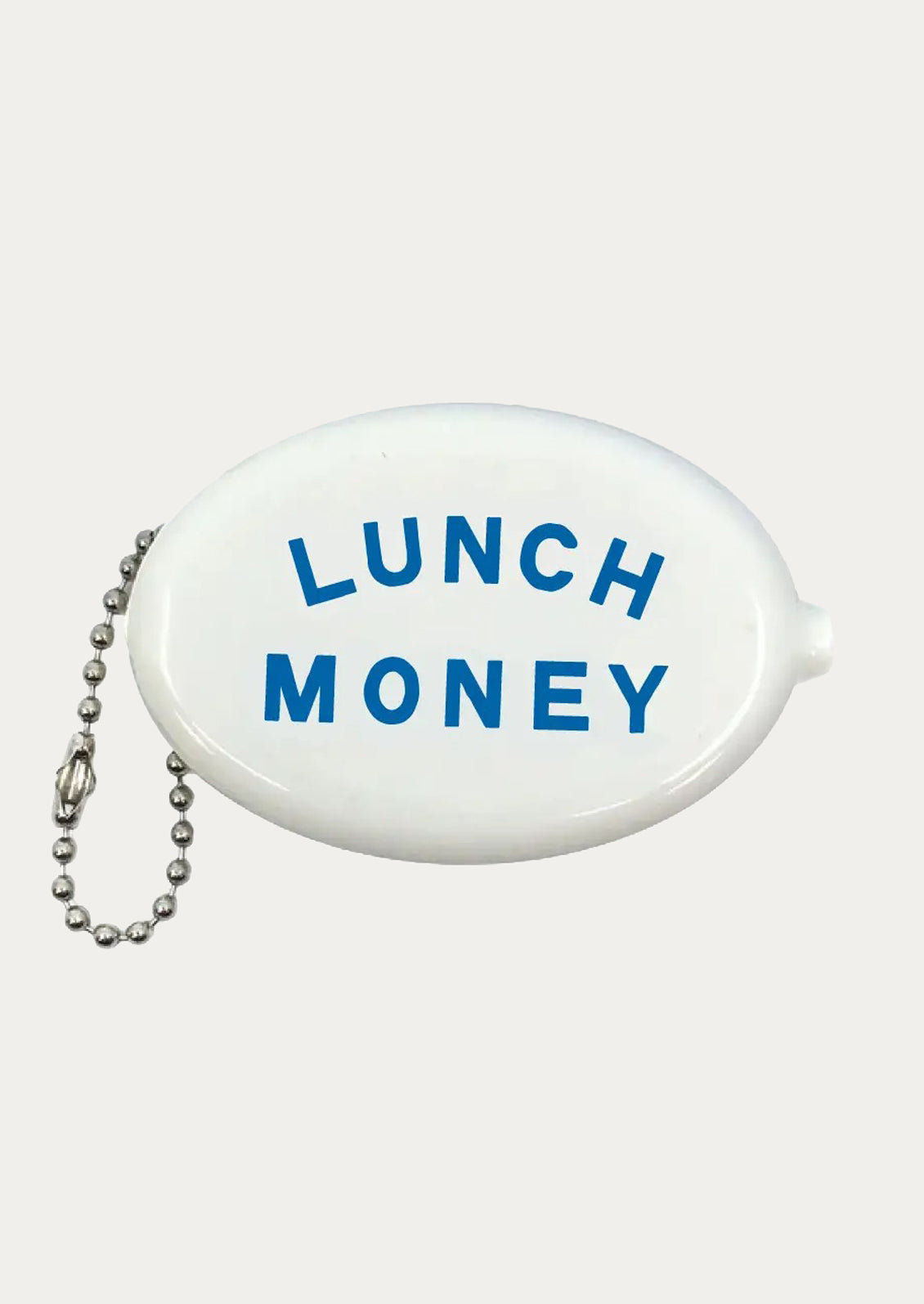 White rubber coin pouch with 'LUNCH MONEY' text on a white background