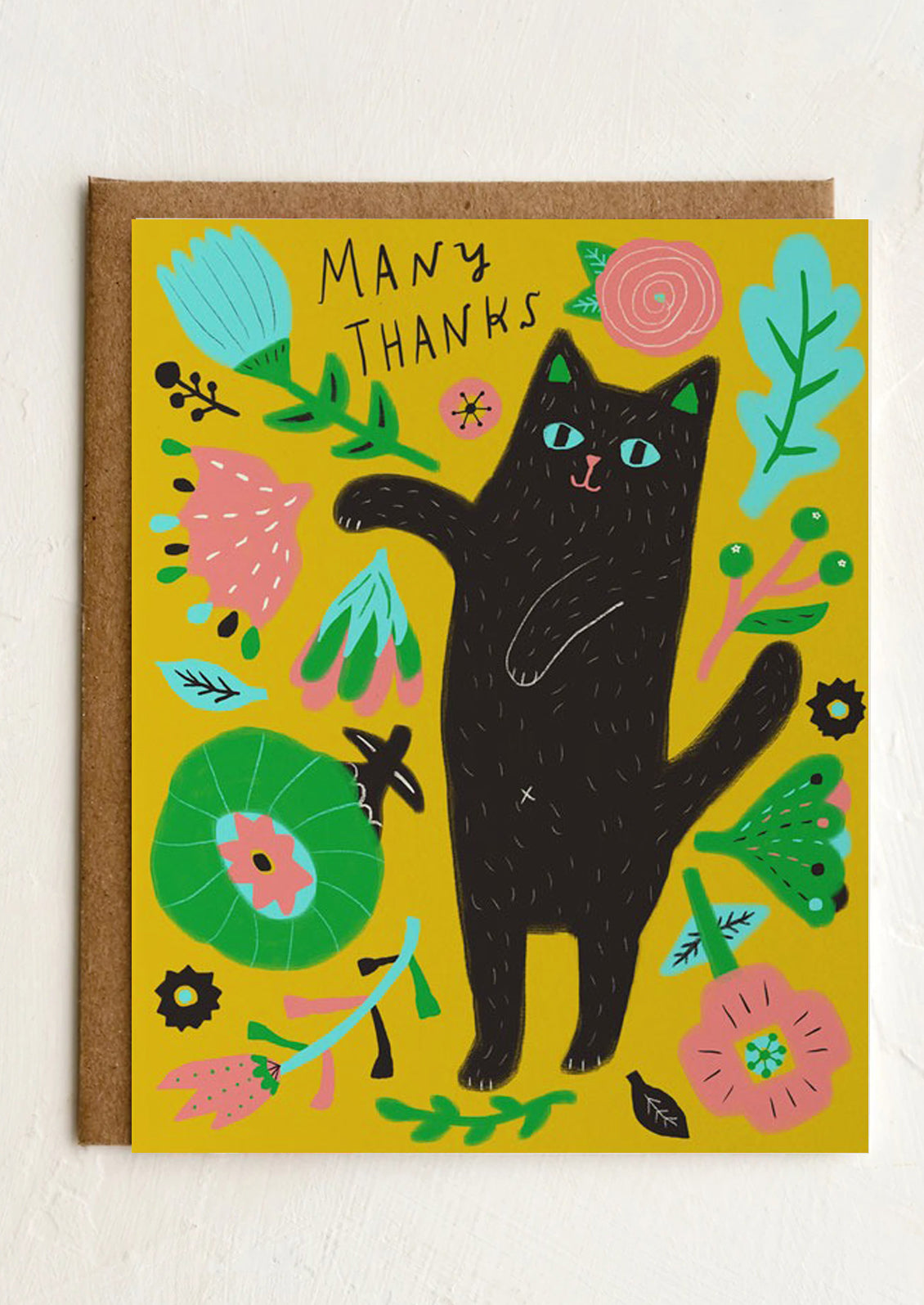 Greeting card with a black cat illustration and floral elements on a yellow background