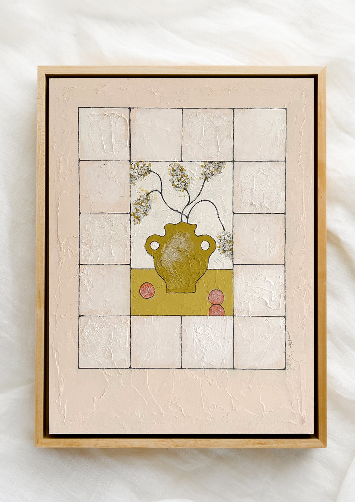 A still life painting of chartreuse vase, flowers and citrus on tile grid.