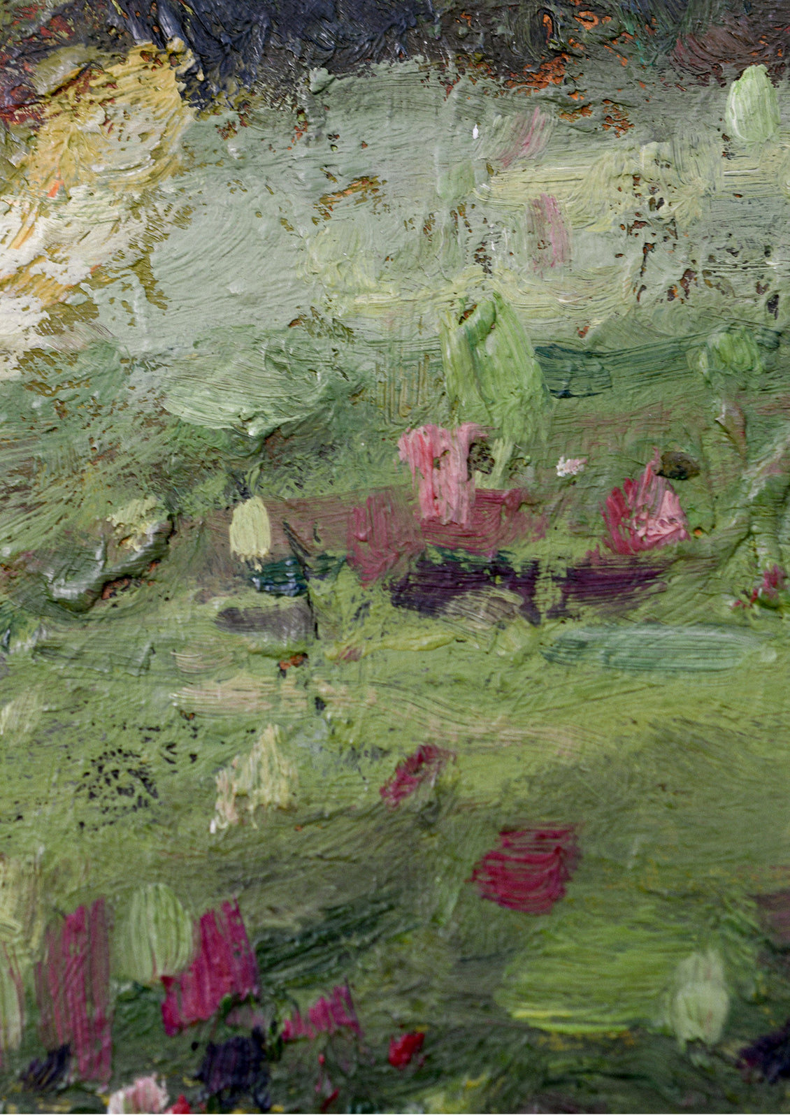 A framed original landscape oil painting of a green meadow with flowers.