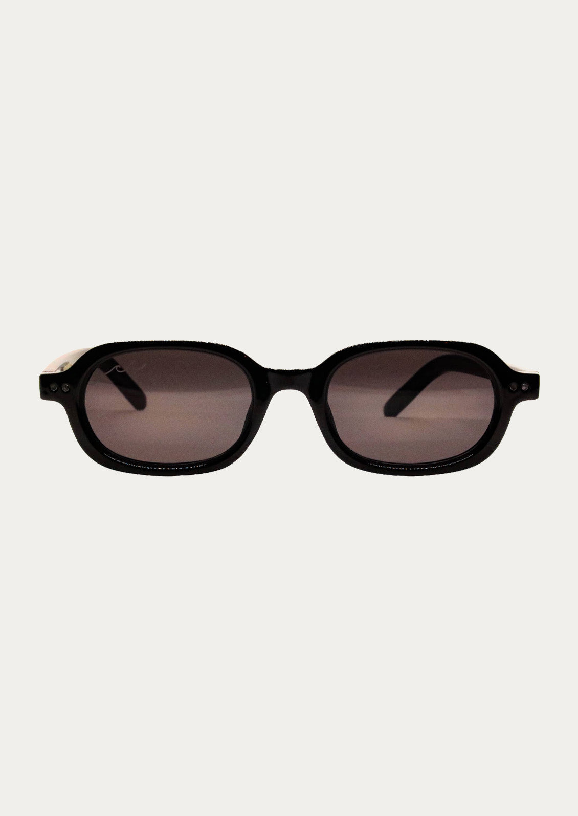 A pair of oval-rectangle sunglasses with a black frame and black tinted lenses.