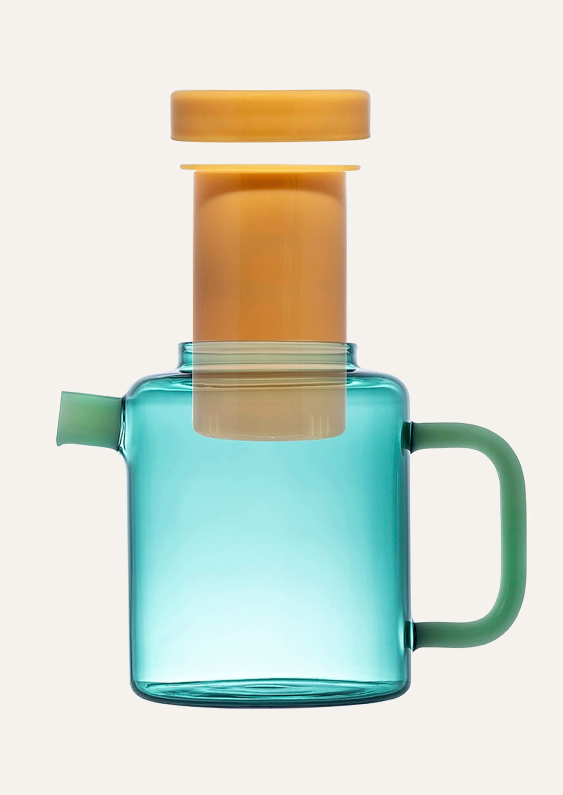 A multicolored glass teapot with all of its parts exposed on a white background.