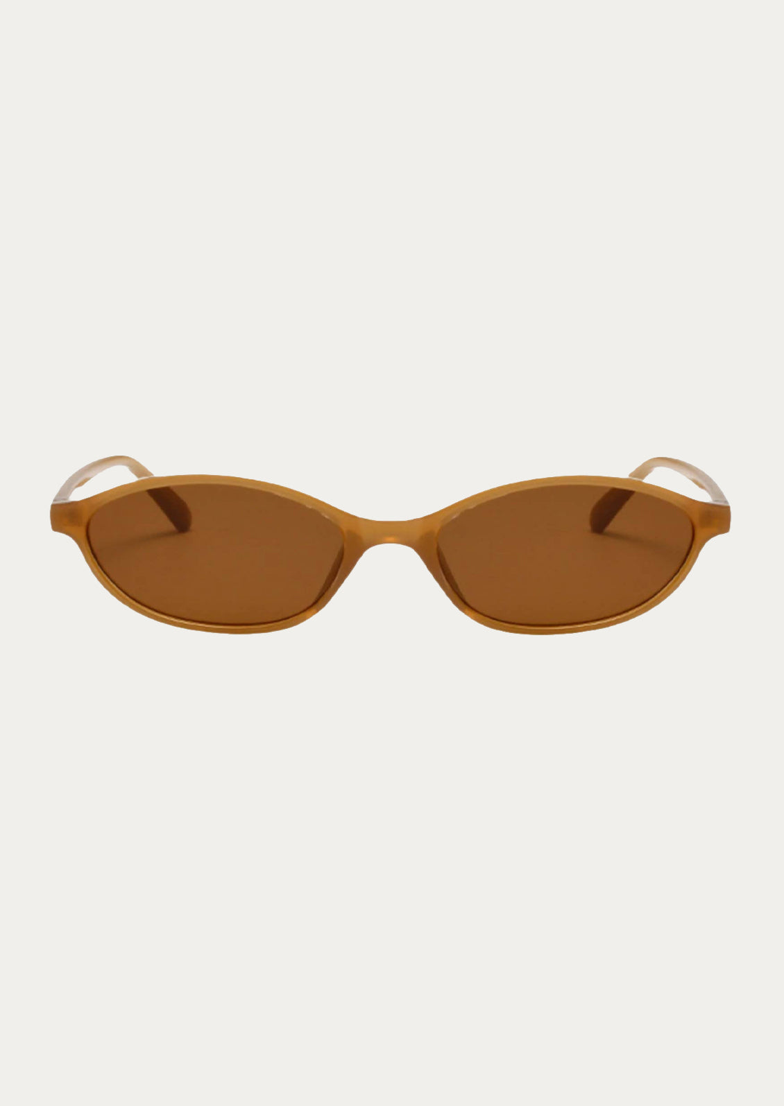 A pair of oval sunglasses with honey brown frames and brown tinted lenses.