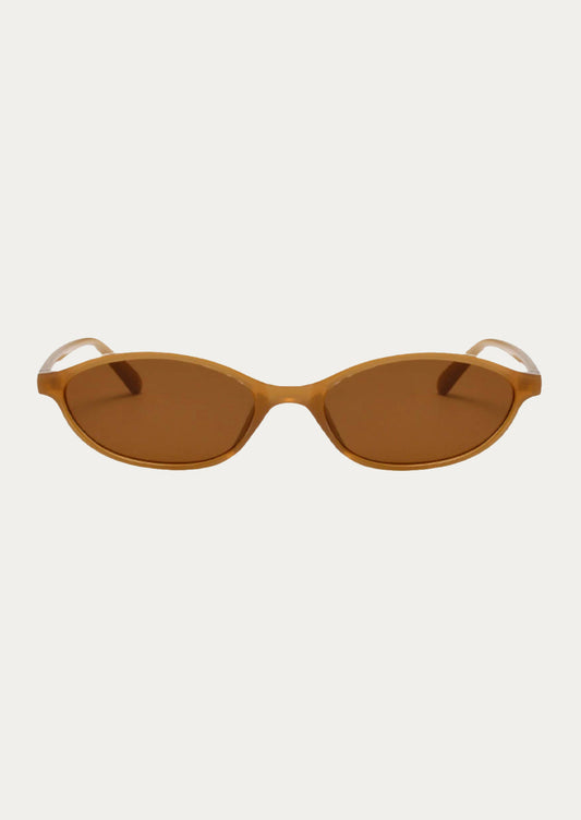 A pair of oval sunglasses with honey brown frames and brown tinted lenses.