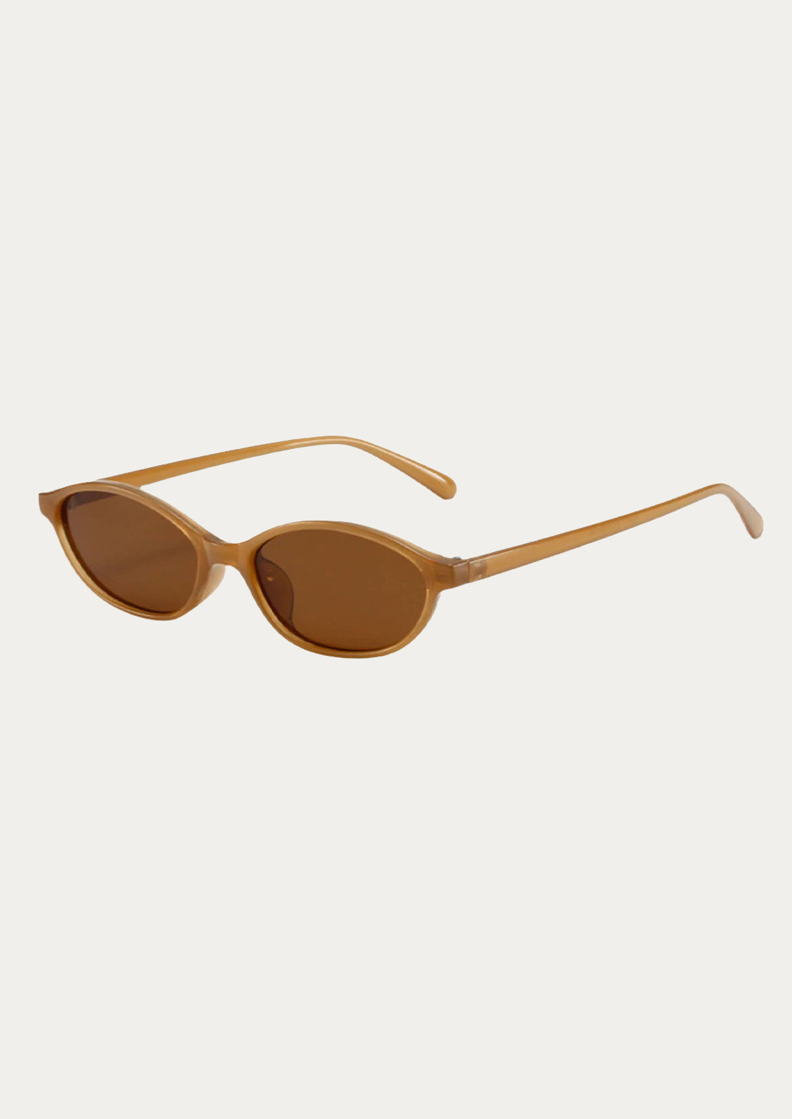 A pair of oval sunglasses with honey brown frames and brown tinted lenses.