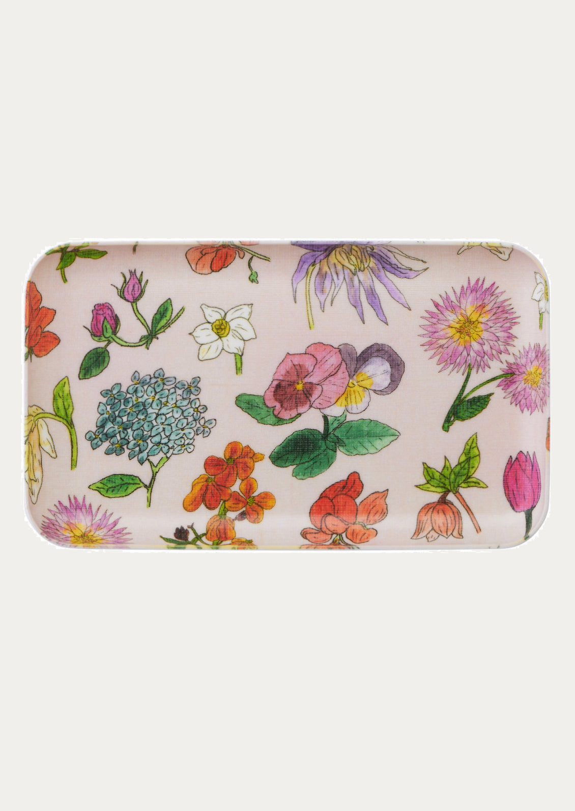 A multicolor floral print tray with pink background.