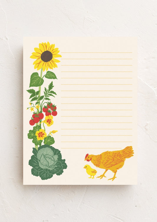A notepad with ripple dotted lines and an illustration of a mother hen and baby chick exploring a vegetable garden with a large sunflower and tomatoes.