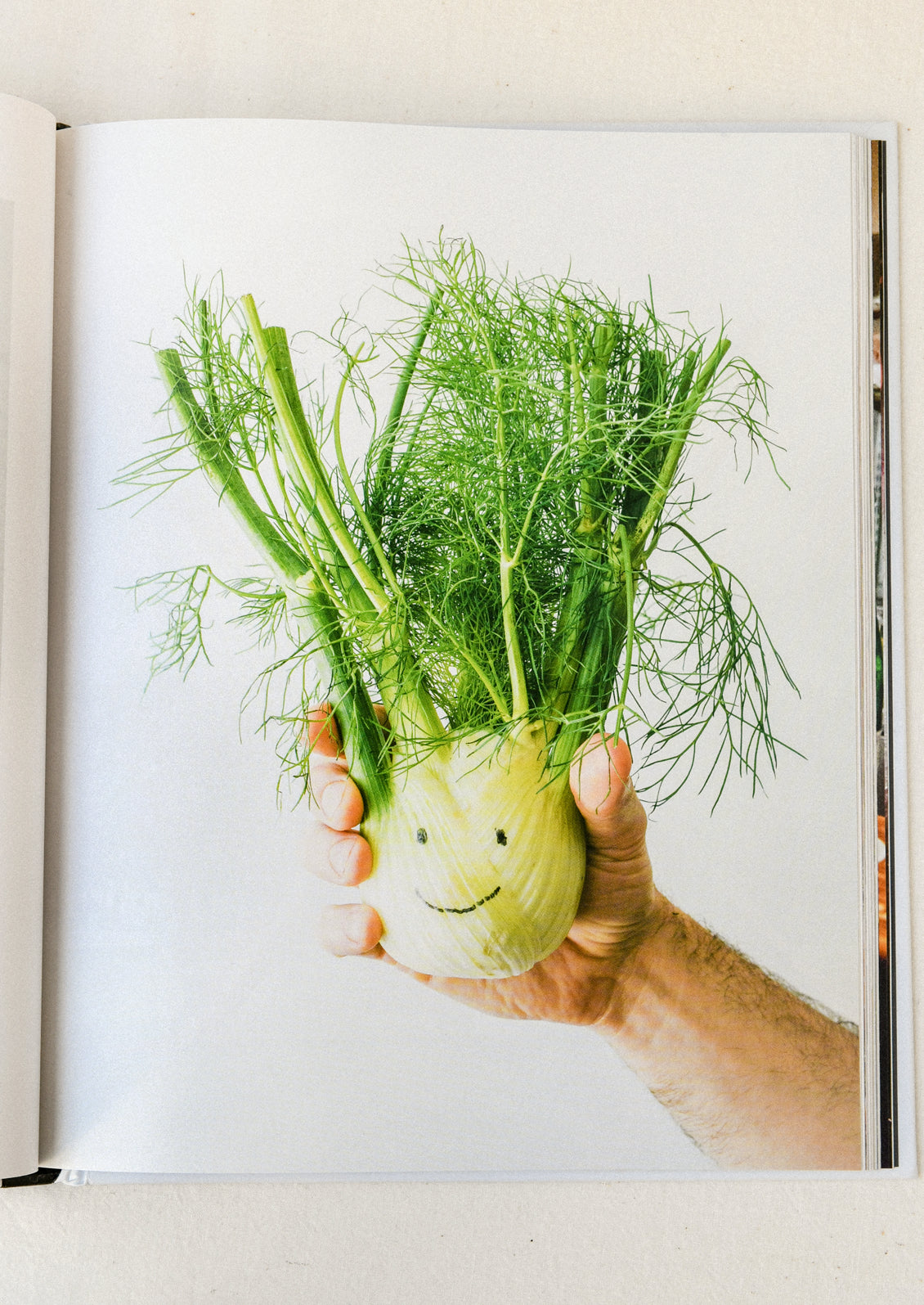 A book open on a table with an image of celery with a smiley face drawn on it.