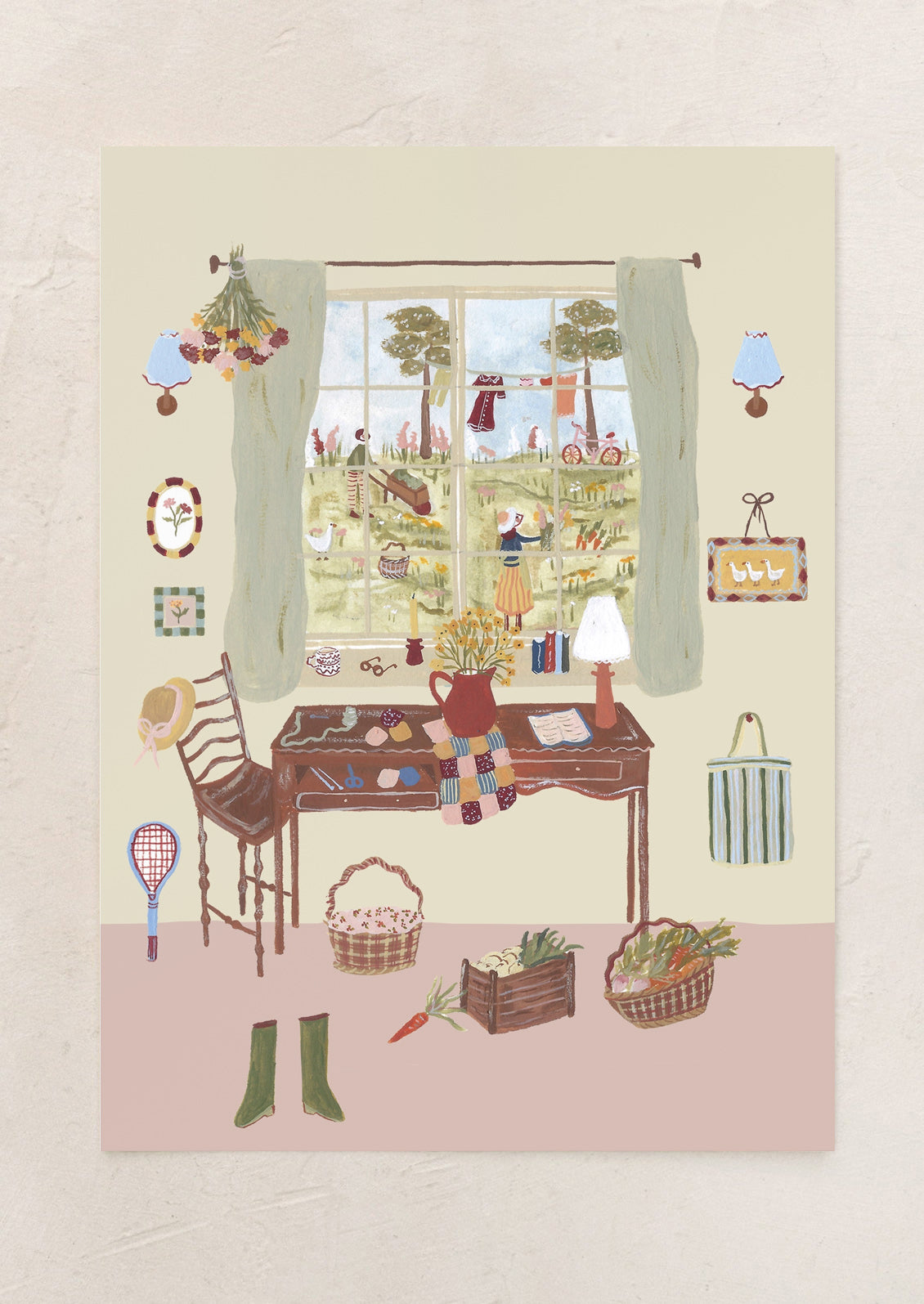 An art print of an illustration of a countryside setting, quilting supplies at a table next to a window.