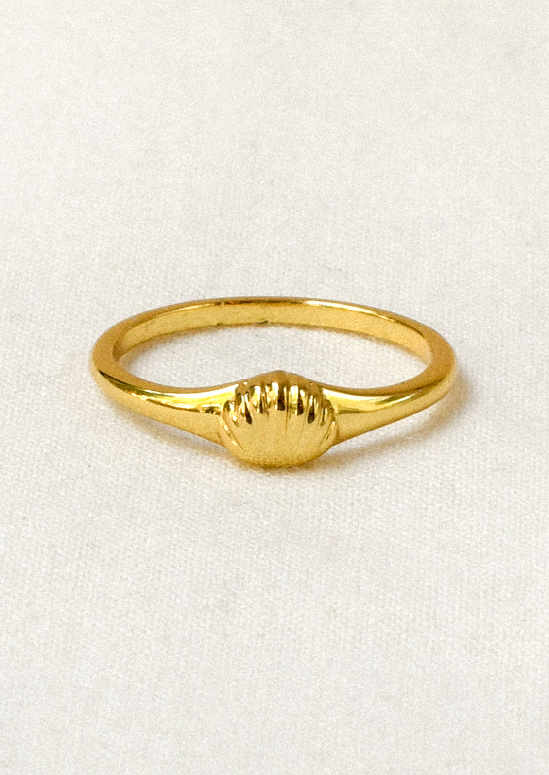 A gold ring with a tiny gold seashell on the front.