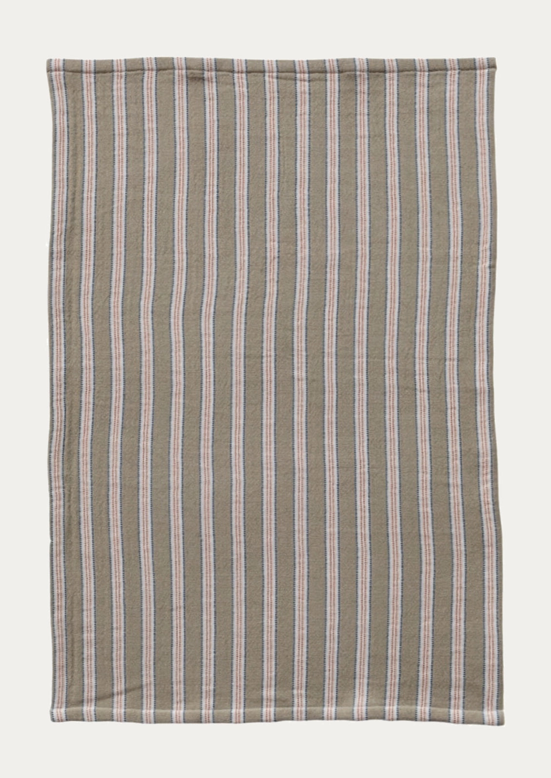 A woven kitchen towel in khaki and white stripe.
