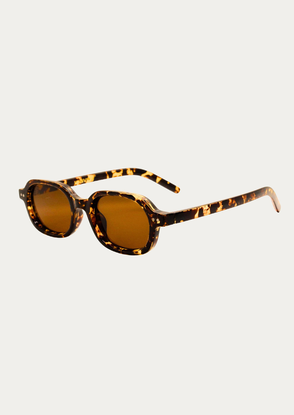 A pair of oval-rectangle sunglasses with a marble tortoise rim and medium brown tinted lenses.