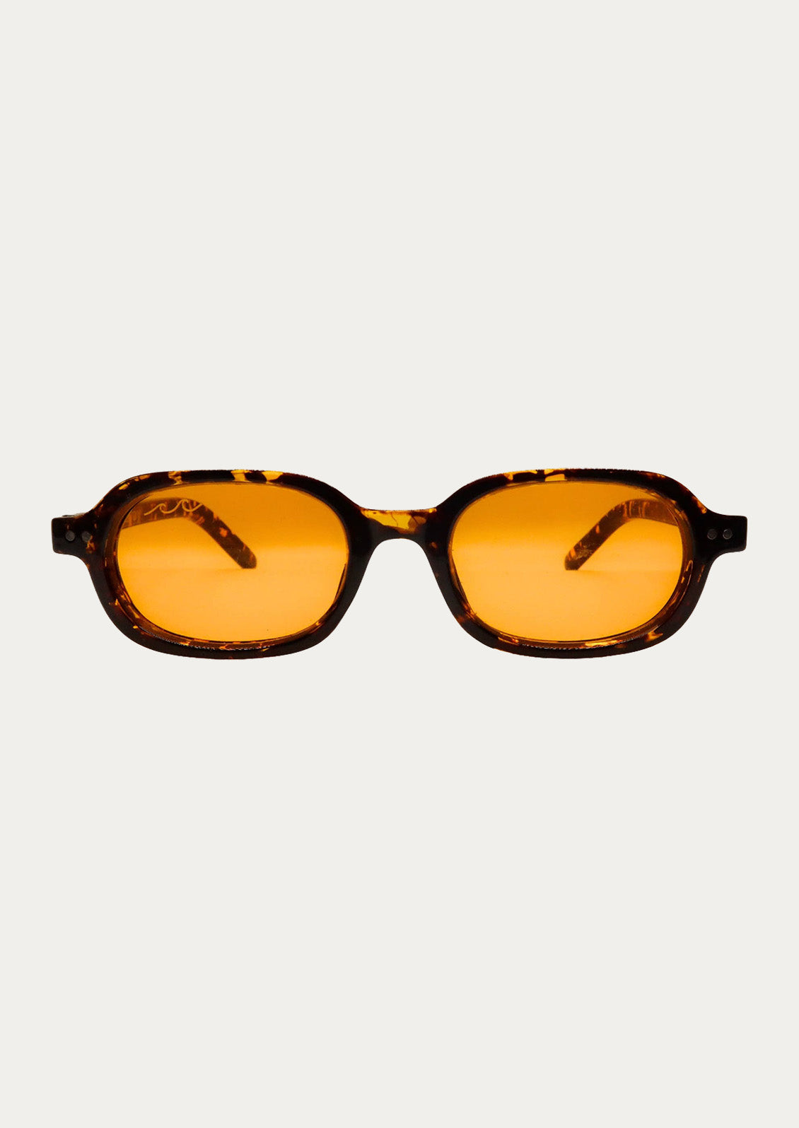 A pair of oval-rectangle sunglasses with a marble tortoise frame and orange tinted lenses.