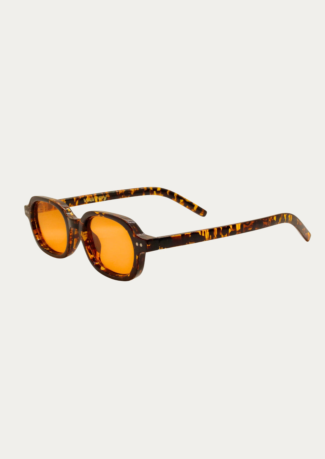 A pair of oval-rectangle sunglasses with a marble tortoise frame and orange tinted lenses.