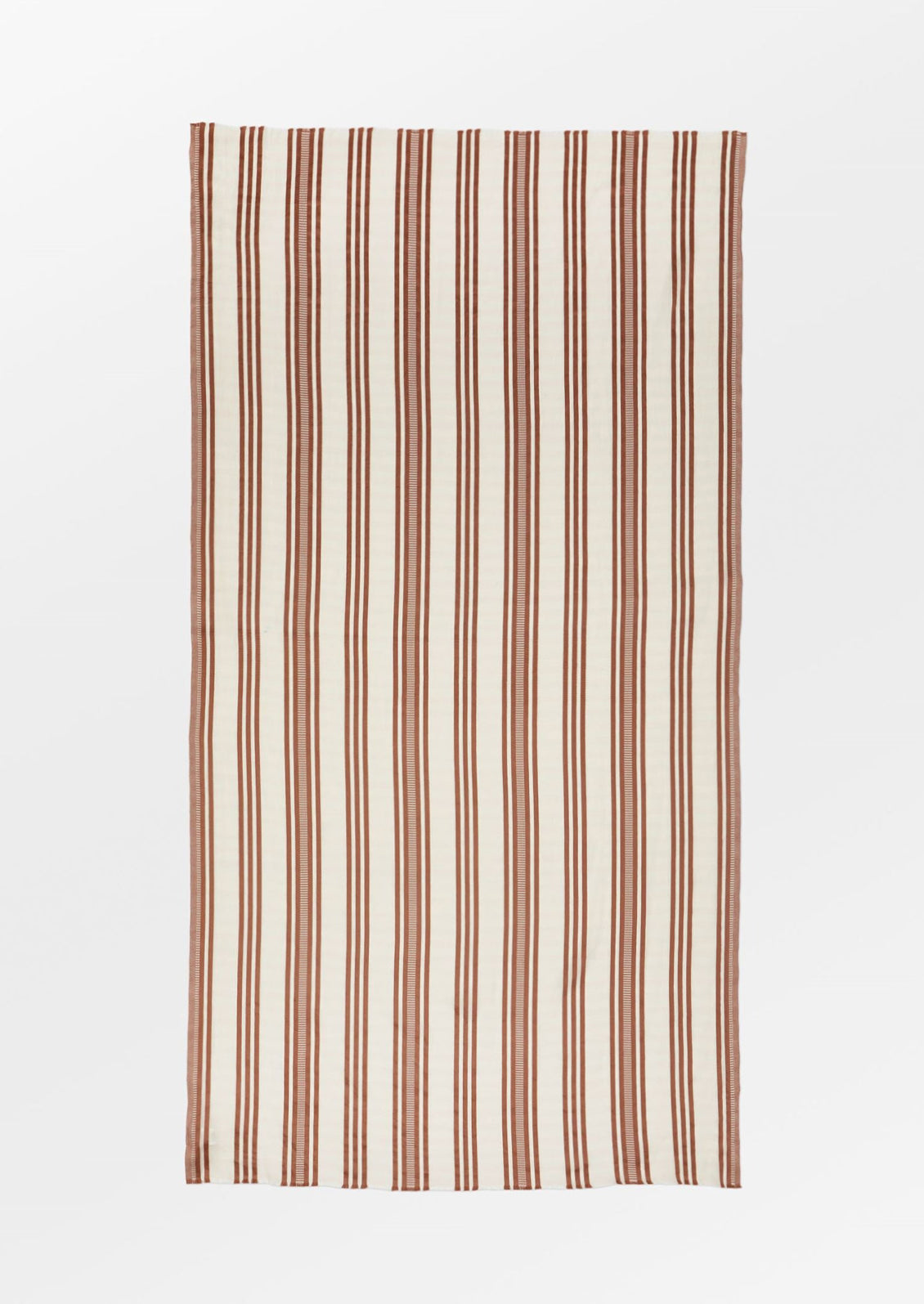 A cream cotton scarf with vertical brown stripe pattern.