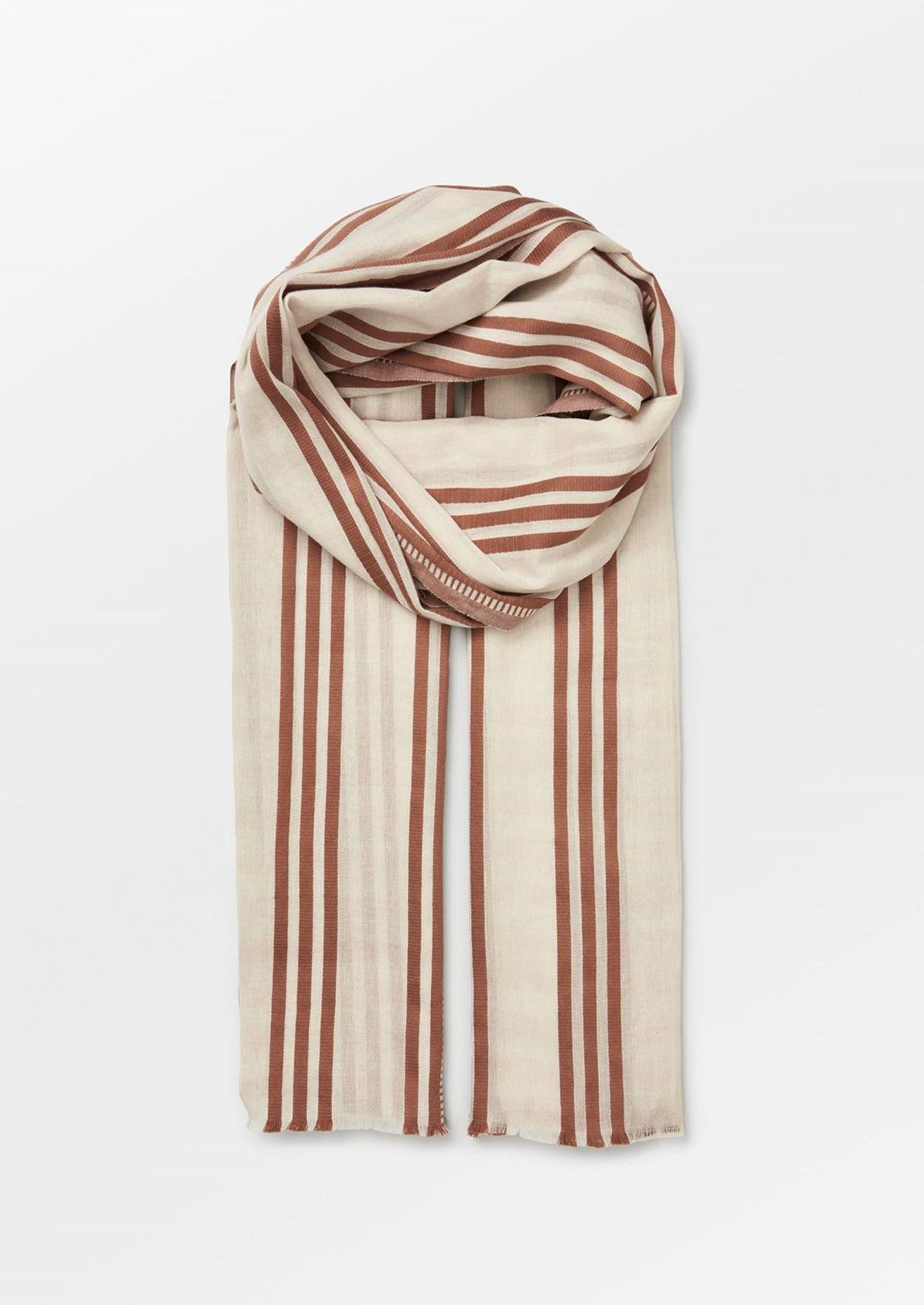 A cream cotton scarf with vertical brown stripe pattern.