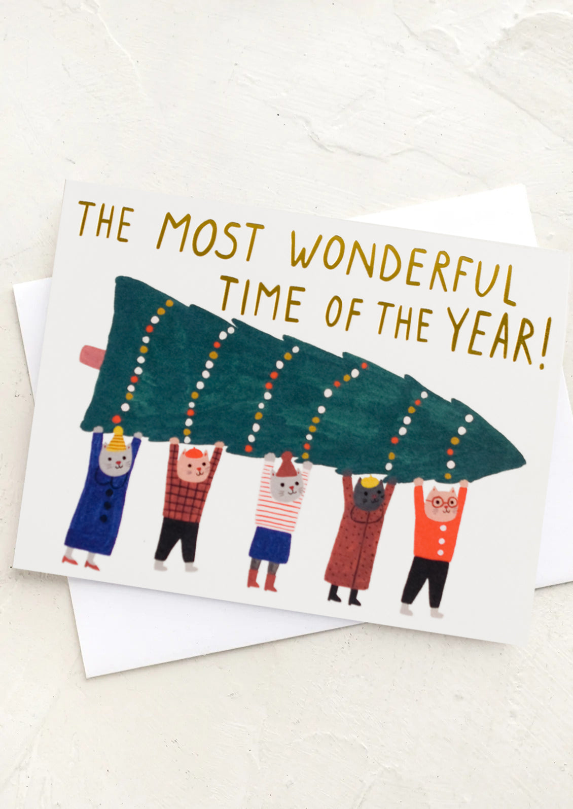 A christmas card with cats holding up a christmas tree, text reads "The Most Wonderful Time Of The Year!".