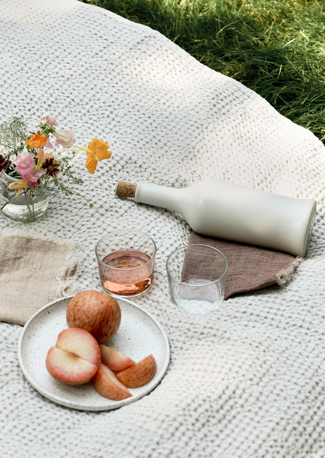 An outdoor picnic setting with wine and pluots.
