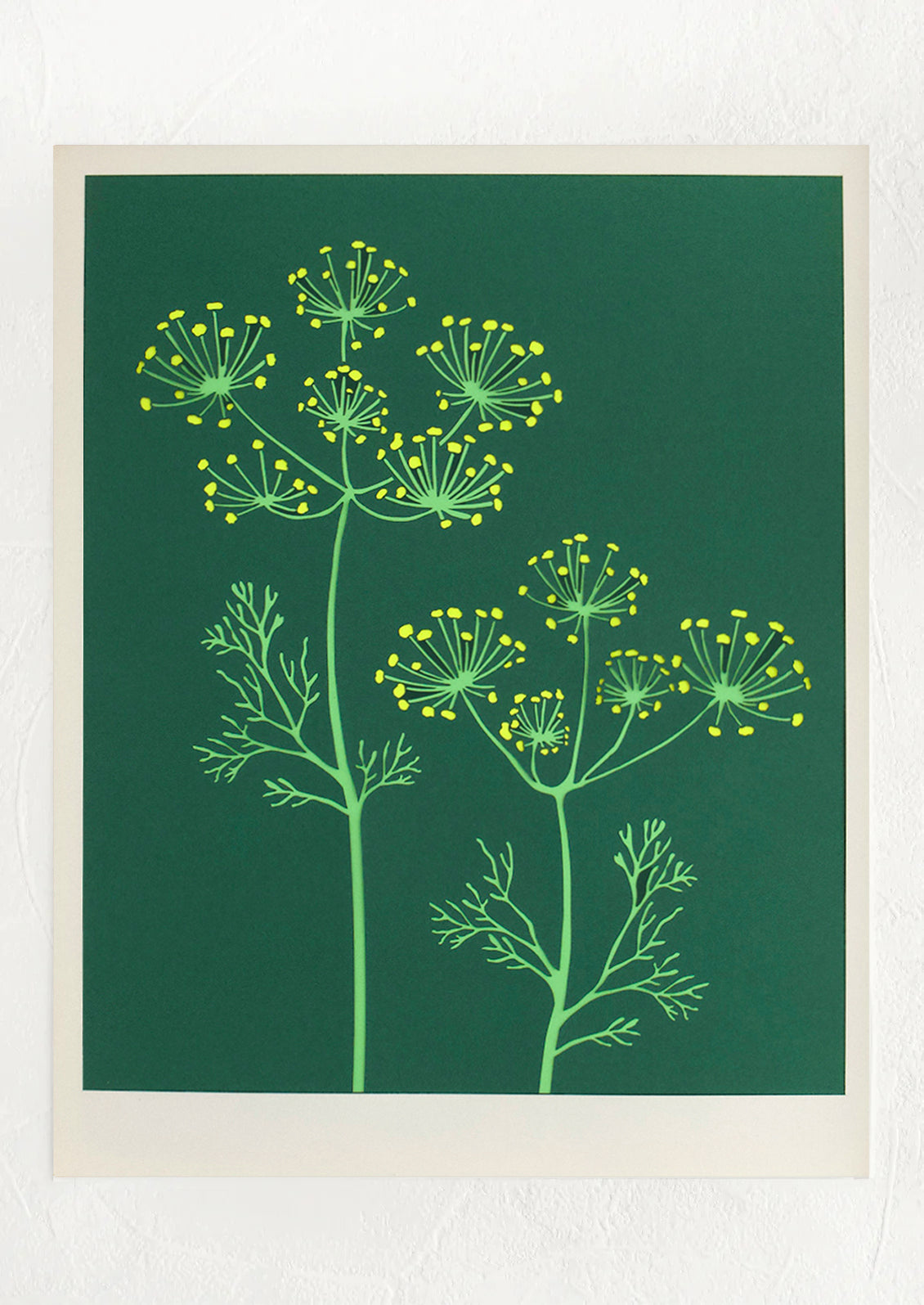 A lasercut art print depicting fennel flowers on dark green background.