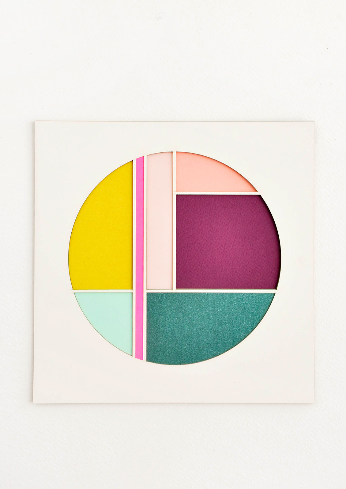 Square artwork with off-white background and color blocked, laser-cut circle