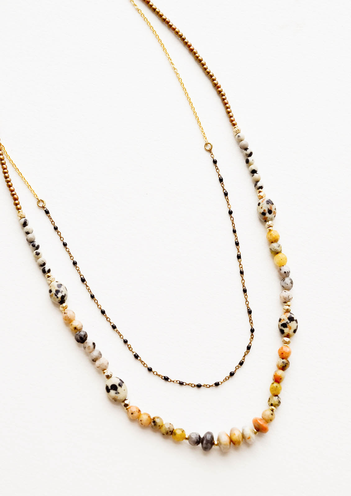 Layered beaded necklace with the shorter strand featuring gold chain alternating with black beads, and the longer chain featuring speckled dalmatian jasper beads.