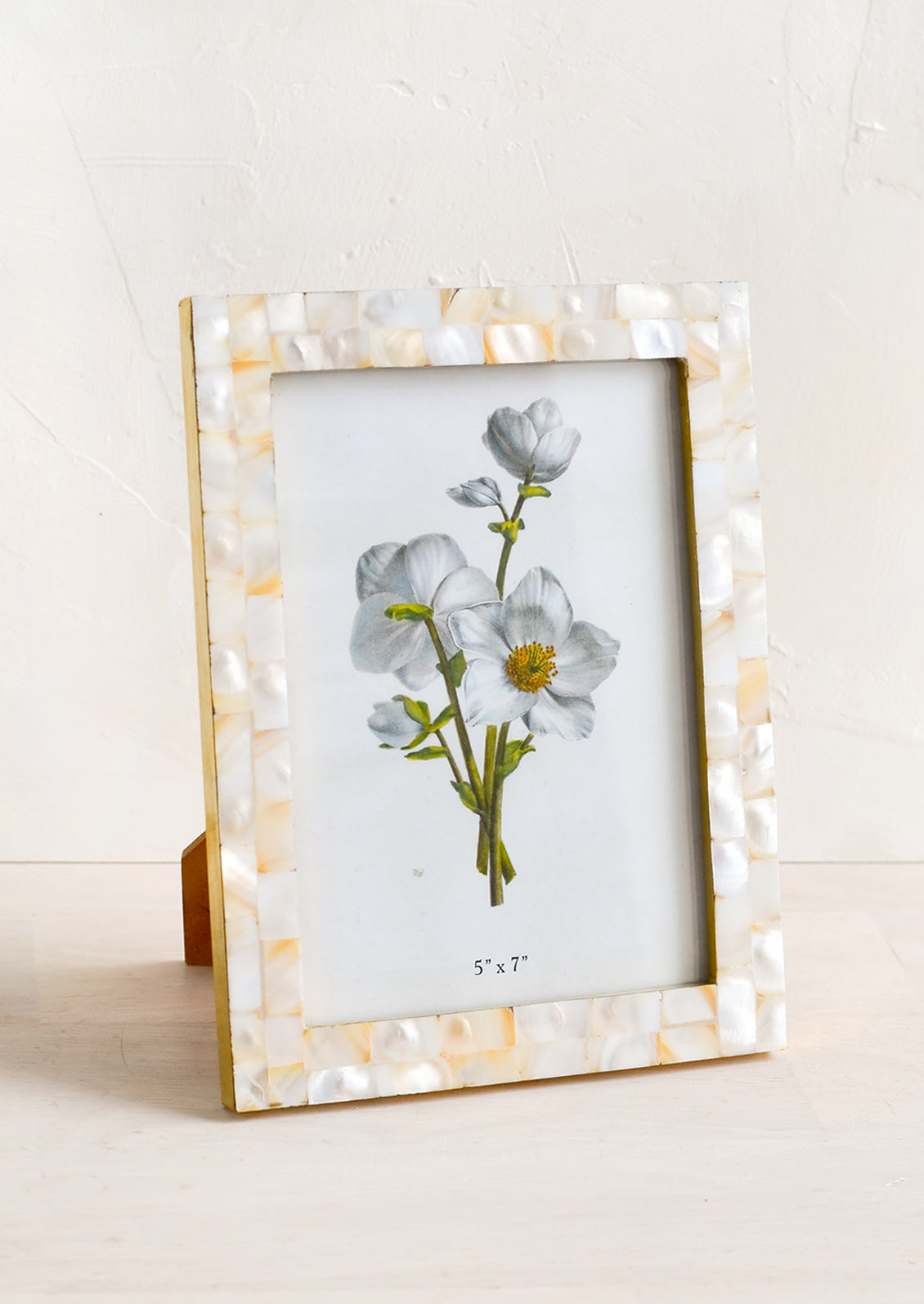 A picture frame with tiled mother of pearl border.